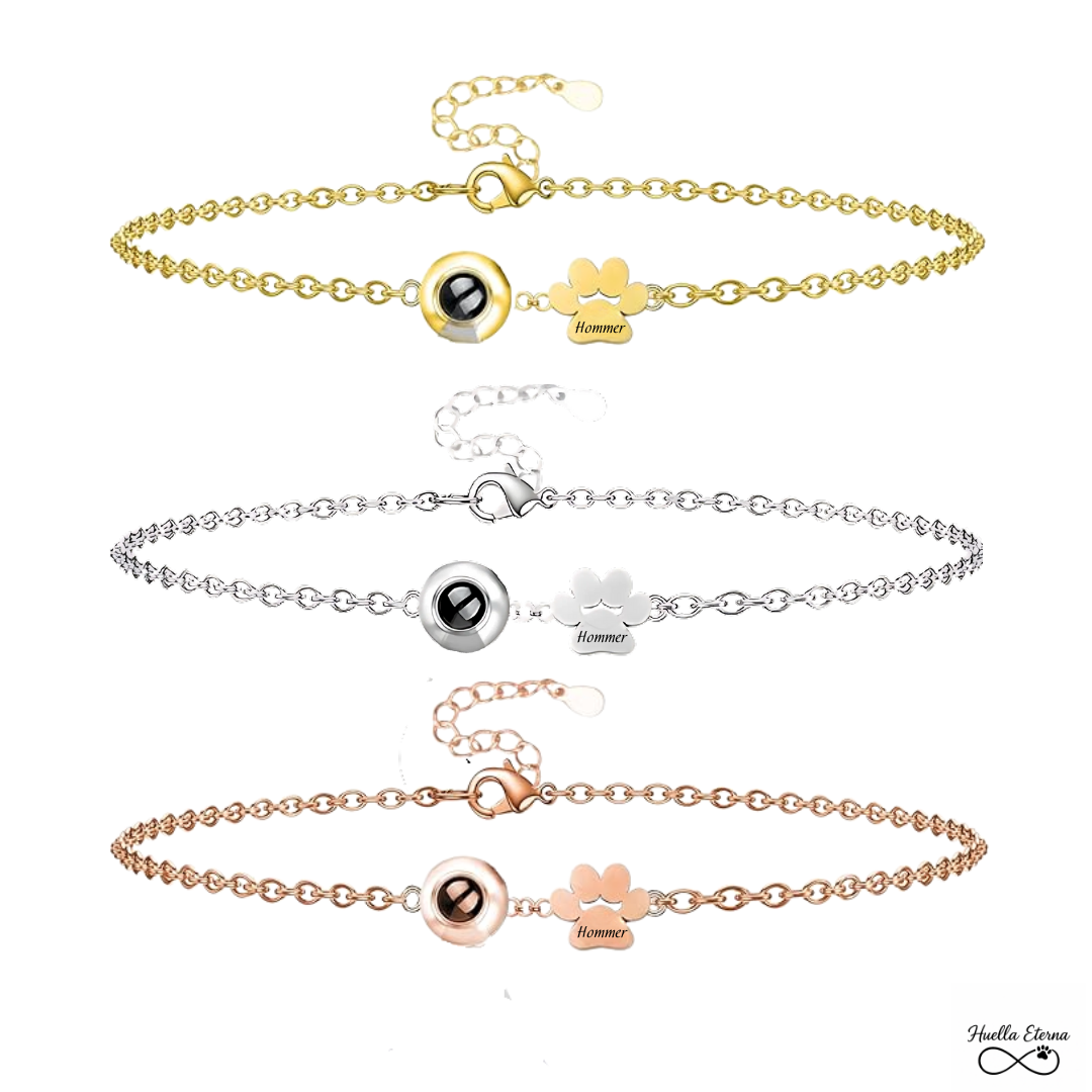 Pulsera personalizada con foto proyectada de tu mascota y huella grabada con su nombre